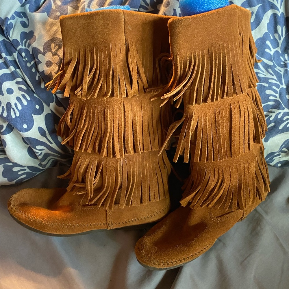 Minnetonka Three-Layer Fringe Calf Suede Boots
